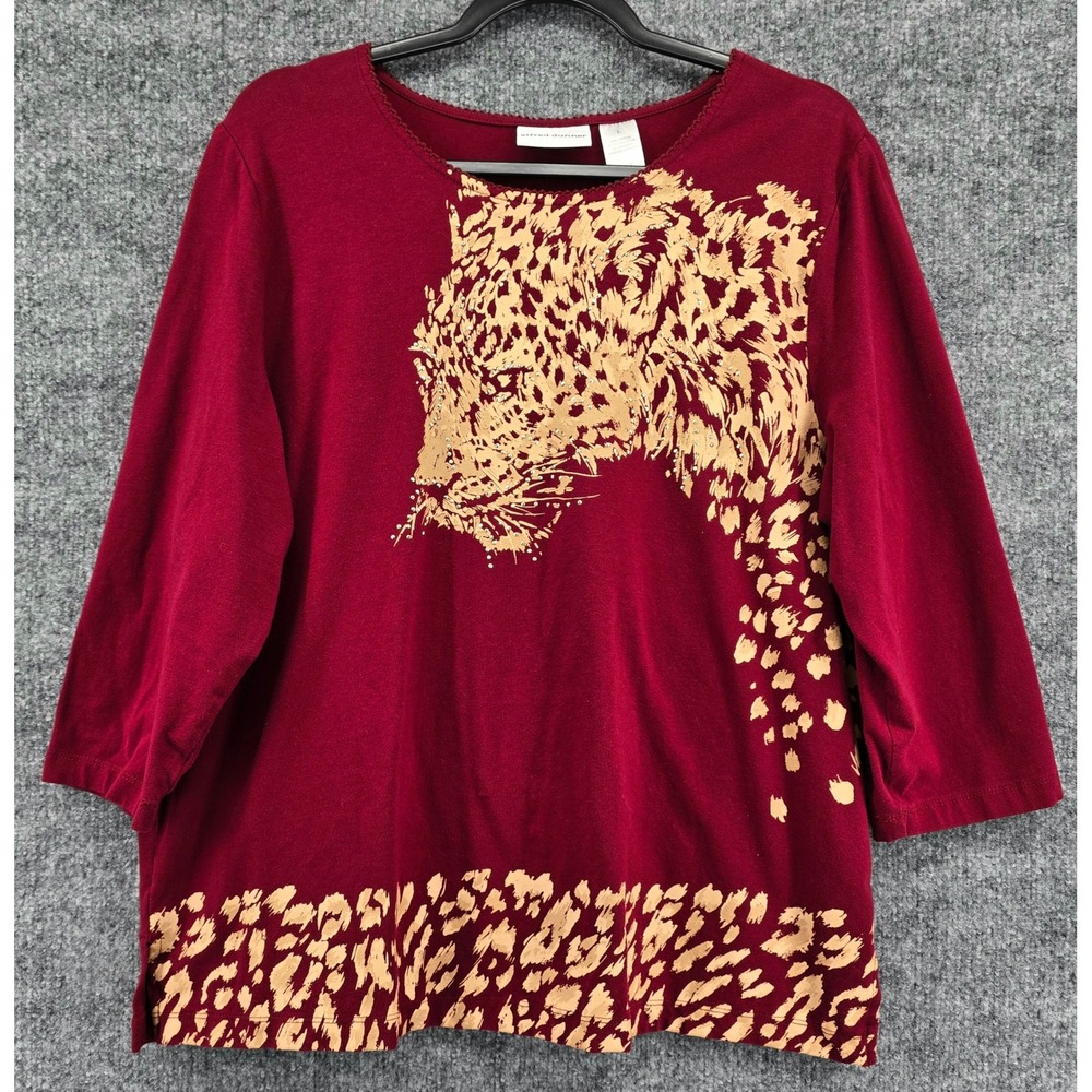 Alfred Dunner Cheetah Graphic Top Womens L Wine Red Rhinestones Cat Artsy Boho